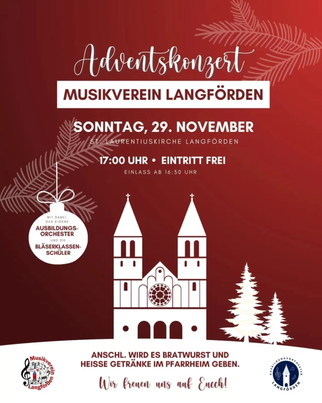Was gibt es Schöneres, als die Adventszeit mit festlicher Musik und gemütlicher Atmosphäre einzuläuten?❤️✨🎶
Am 1. Advent laden wir Euch wieder herzlich zu unserem Adventskonzert im Langfördener Dom ein. ⛪🎺
Mit dabei sind unser eigenes Ausbildungsorchester und die Schülerinnen und Schüler unserer Bläserklassen.🎷🎄
Im Pfarrheim warten im Anschluss leckere Bratwurst sowie heiße und kalte Getränke auf Euch.🌭☕🍻
Also: Termin im Kalender eintragen, Familie und Freunde einpacken und gemeinsam mit uns musikalisch in die schönste Zeit des Jahres starten! 🥰🎅
Wir freuen uns auf Euch! 🫶🏼🎶
#Musikverein #Blasorchester #Blasmusik #Langförden #Vechta